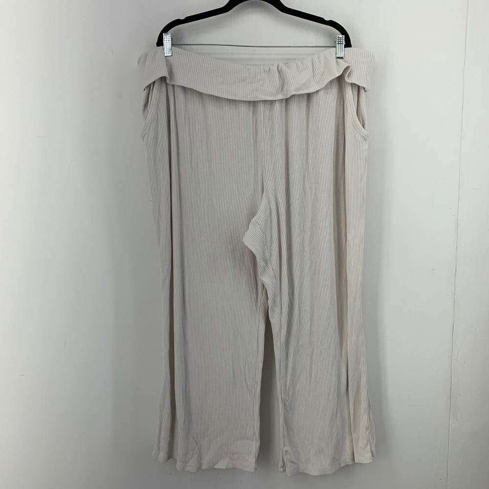 Cozy Lounge Scandi Womens 2X Cream Ribbed Knit Wide Leg Foldover Waist Pants